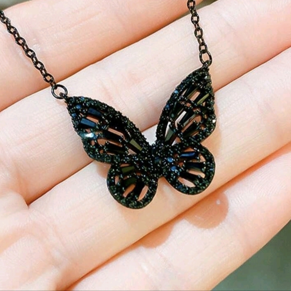 Black Rhinestone Butterfly Necklace